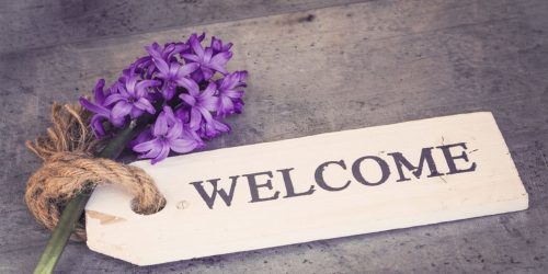 welcome tag on hyacinth